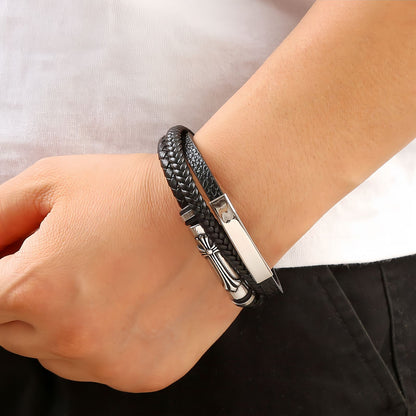 Men's Cylinder Cross Braided Leather Bracelet
