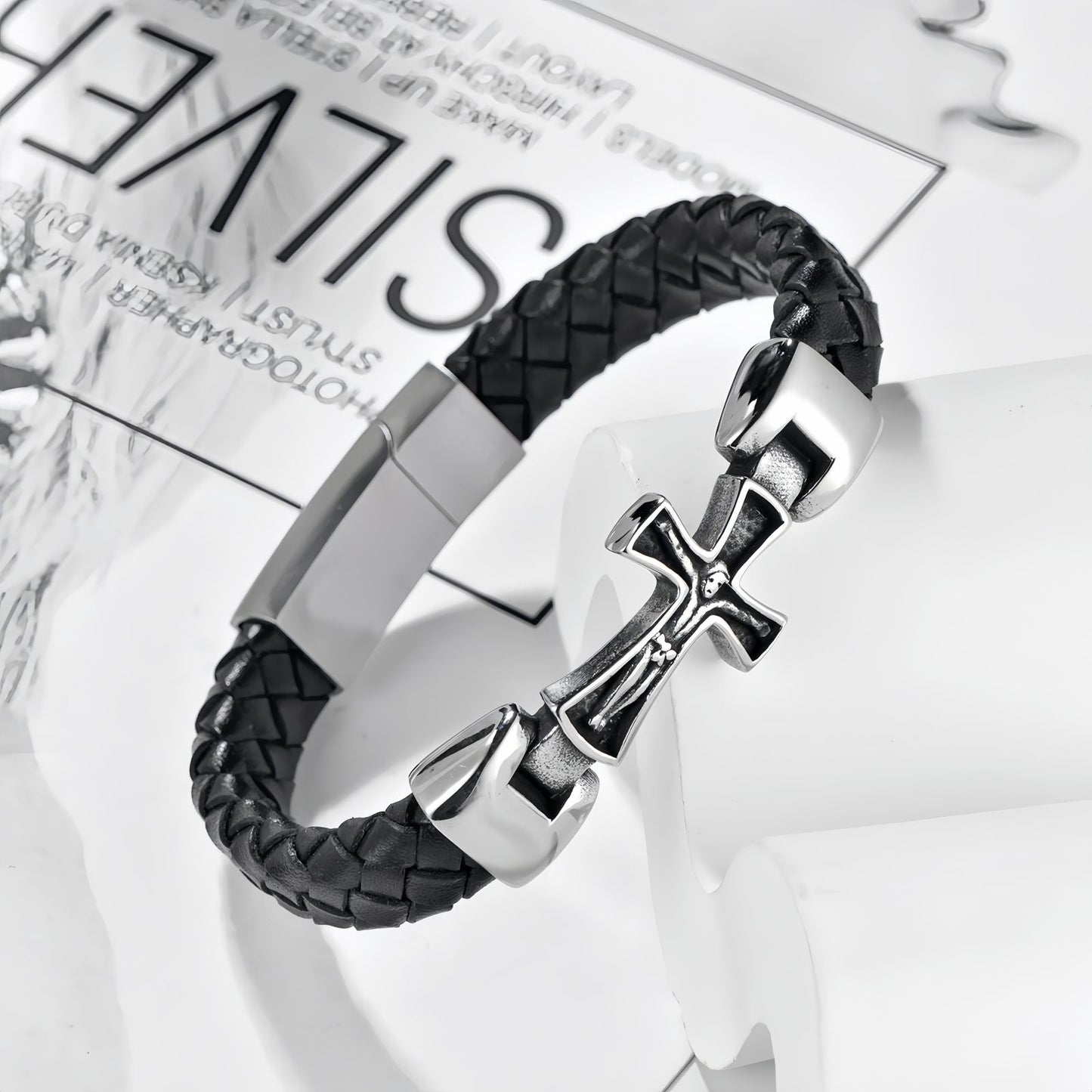 Men's Engraved Cross Leather Bracelet