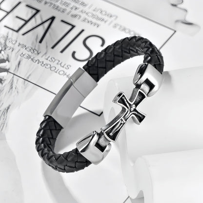 Men's Engraved Cross Leather Bracelet