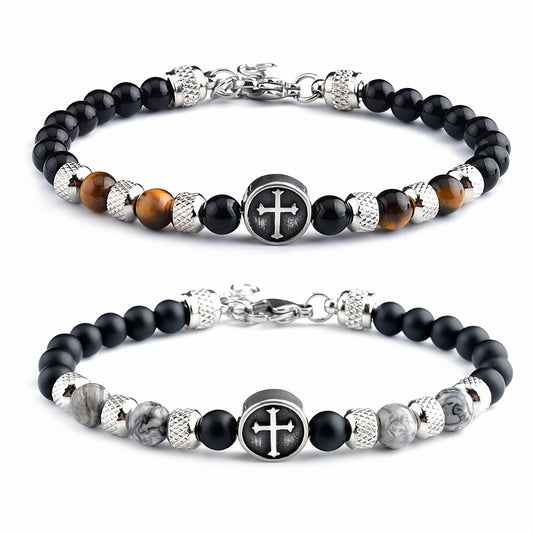 Tiger Eye Beaded Cross Bracelet, Stainless Steel Vintage Crystal Wristband for Men