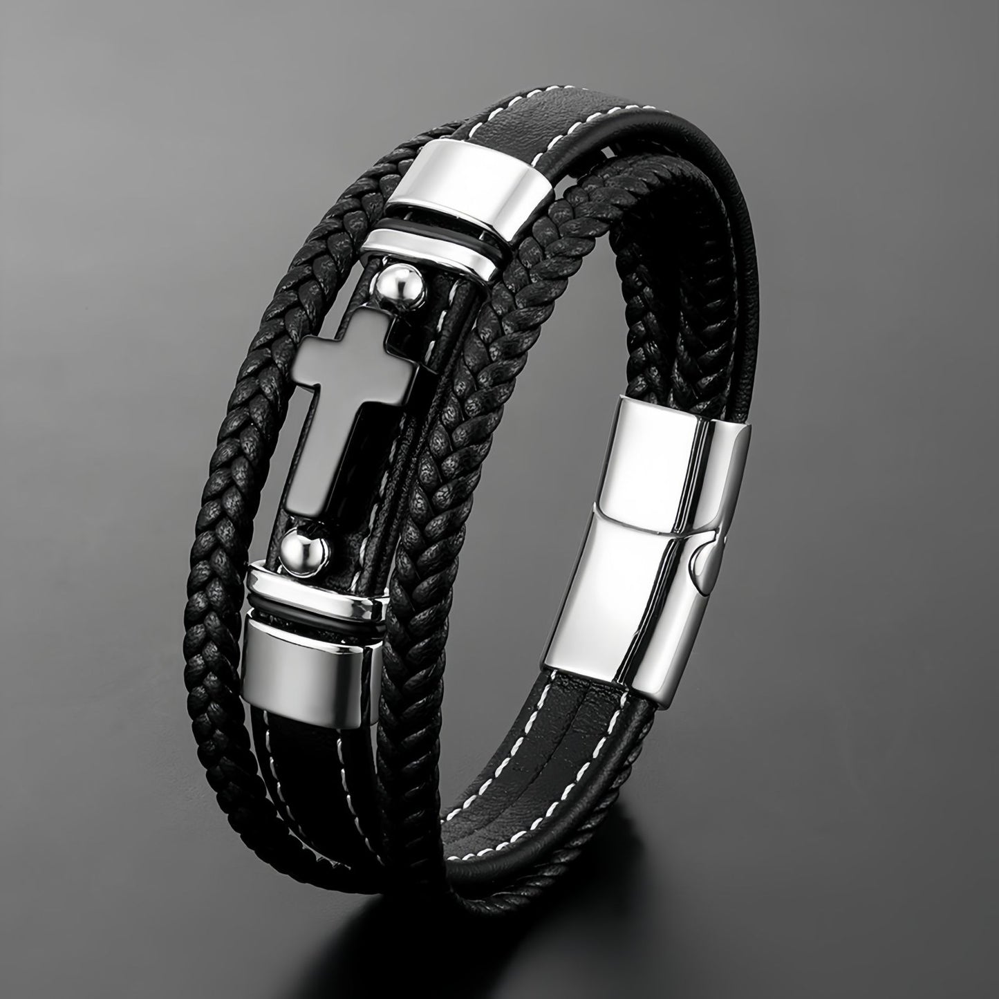 Men’s Black Onyx Cross Leather Bracelet