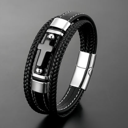 Men’s Black Onyx Cross Leather Bracelet