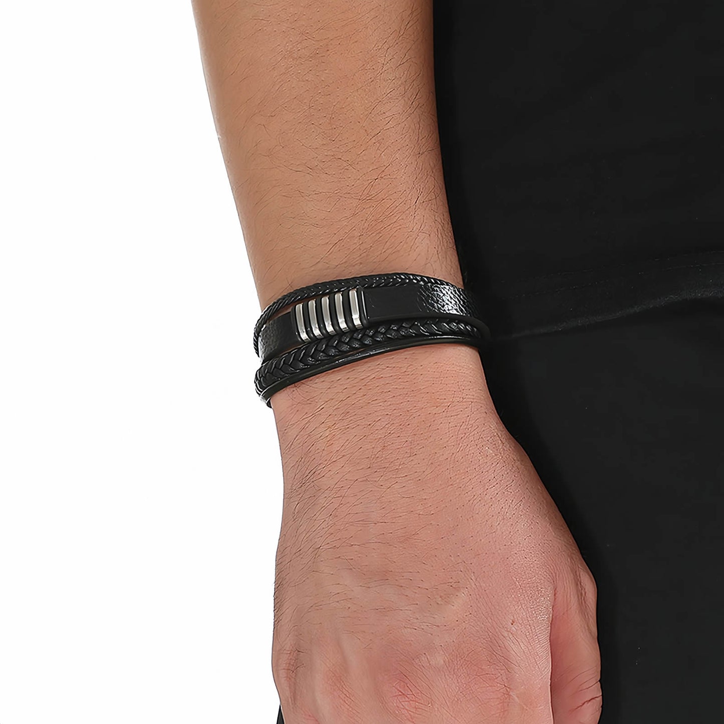 Striped Metal Accent Leather Bracelet for Men