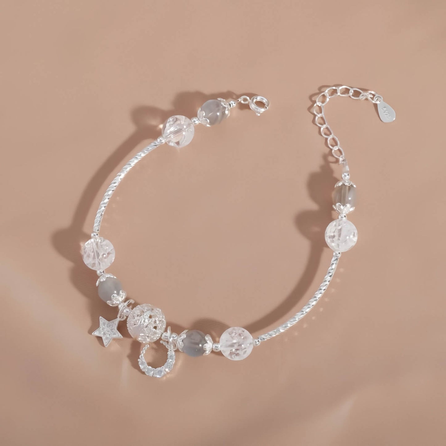 Moonstone Crystal Beaded Bracelet with Star & Moon Pendant