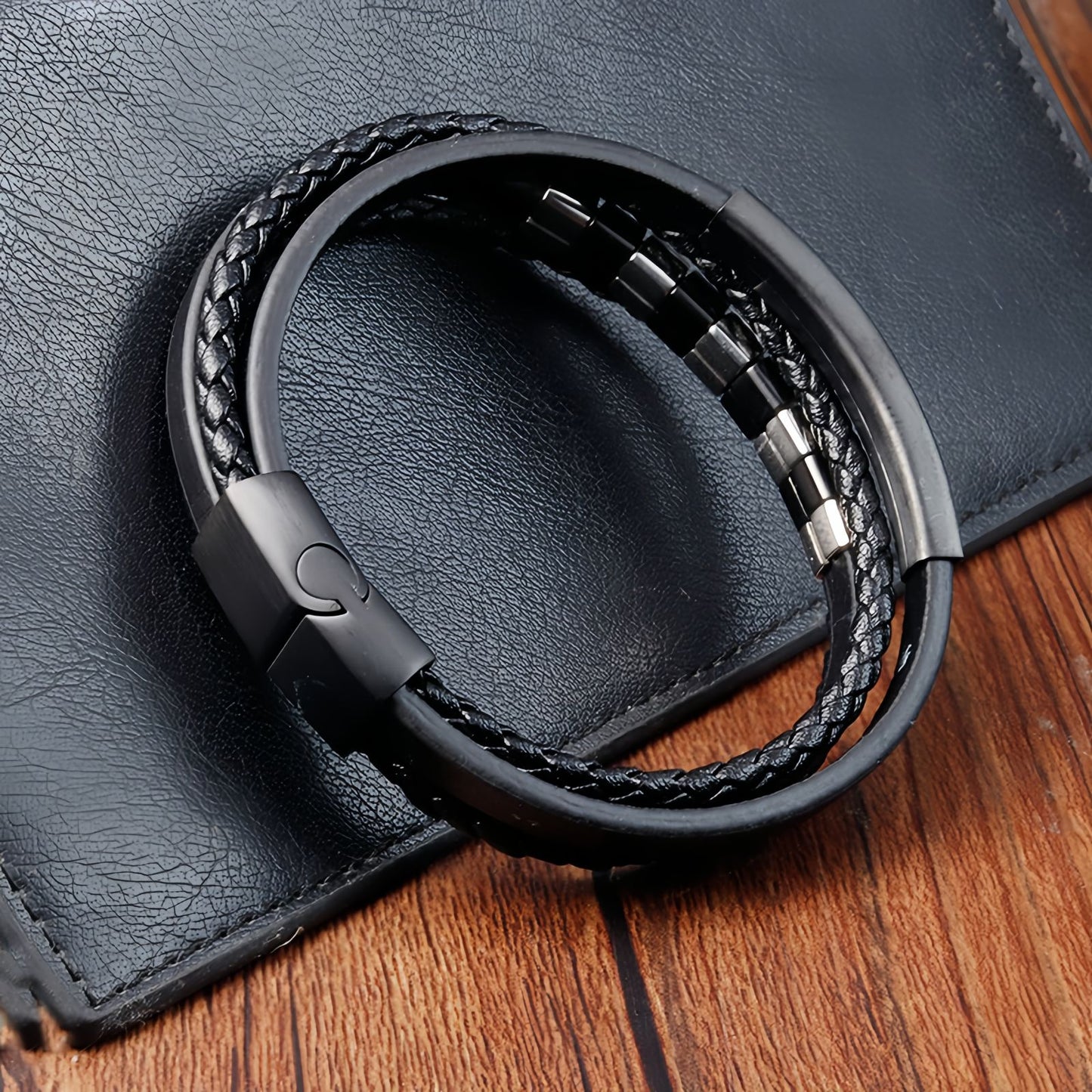 Black & White Cube Accents on Men’s Black Multi-Strand Leather Bracelet