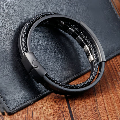 Black & White Cube Accents on Men’s Black Multi-Strand Leather Bracelet