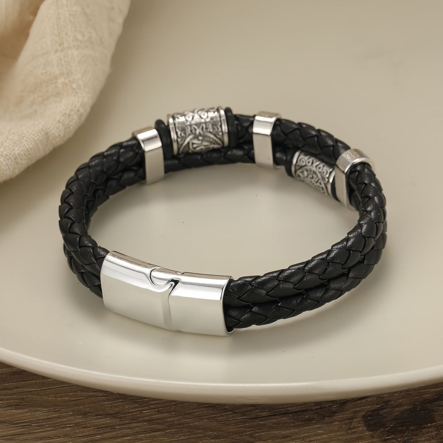 Vintage Sun-Engraved Dual-Braid Men's Leather Bracelet