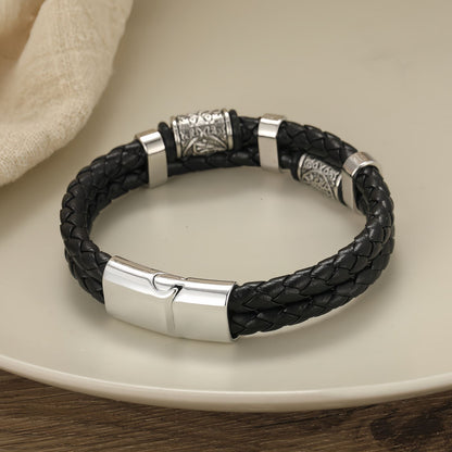 Vintage Sun-Engraved Dual-Braid Men's Leather Bracelet