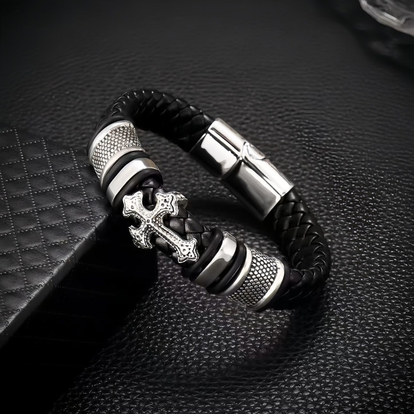 Punk-Inspired Cross Charm Men’s Double-Braided Leather Bracelet