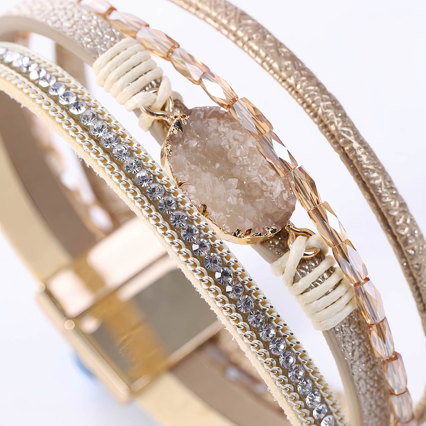 Boho Multilayer Leather Wrap Bracelet with Crystal