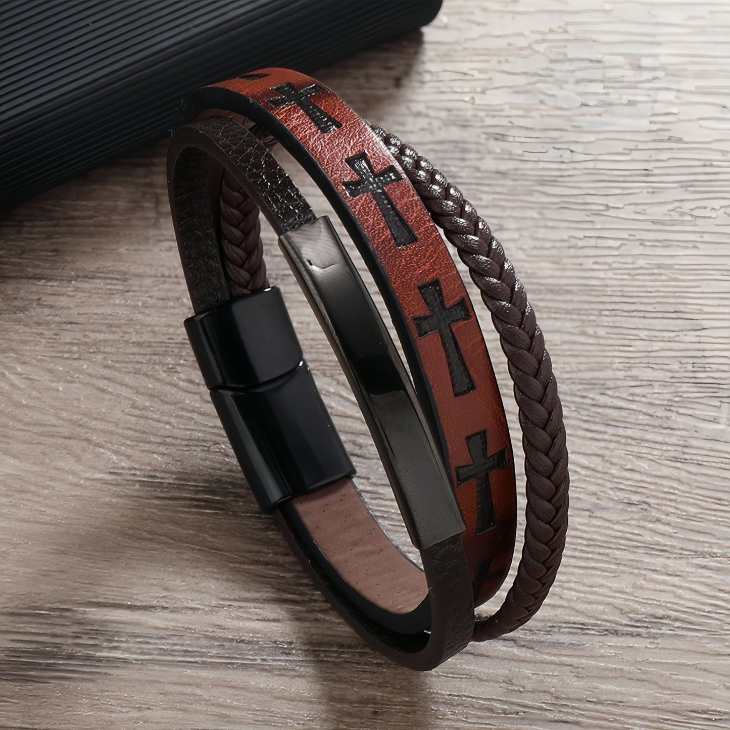 Cross Pattern Multi-Layer Men’s Leather Bracelet