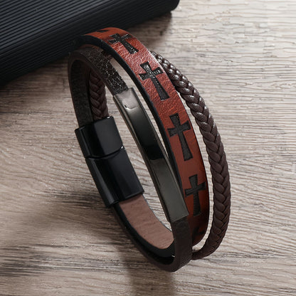 Cross Pattern Multi-Layer Men’s Leather Bracelet