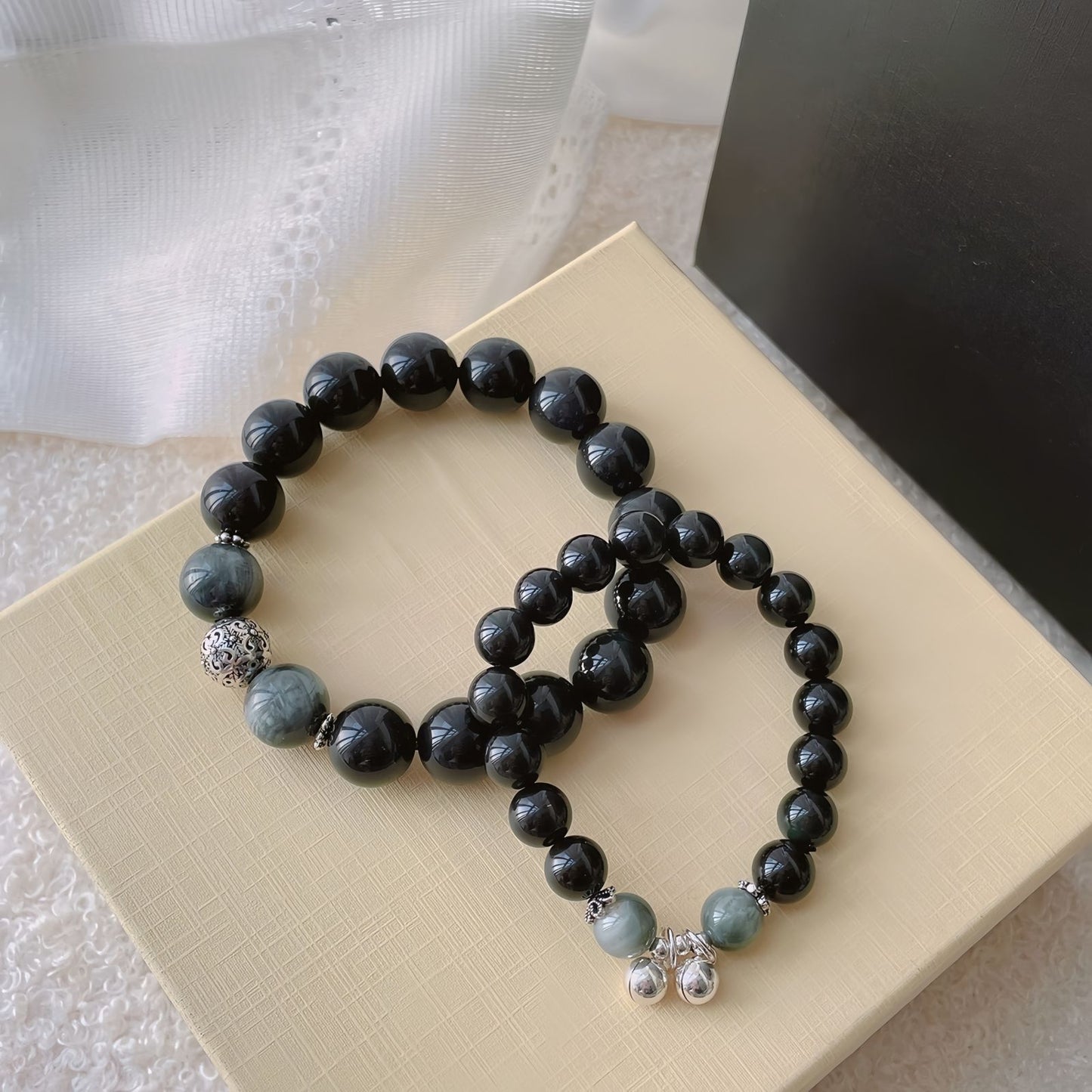 Obsidian Couple Bracelets with Bell Charms