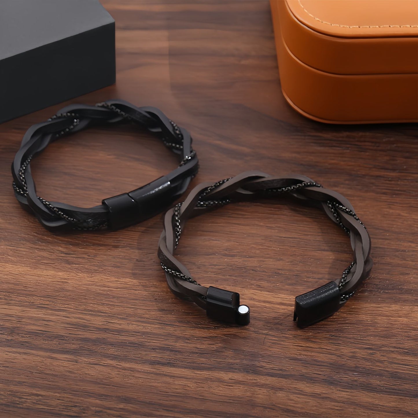 Braided Leather Chain-Link Men’s Bracelet