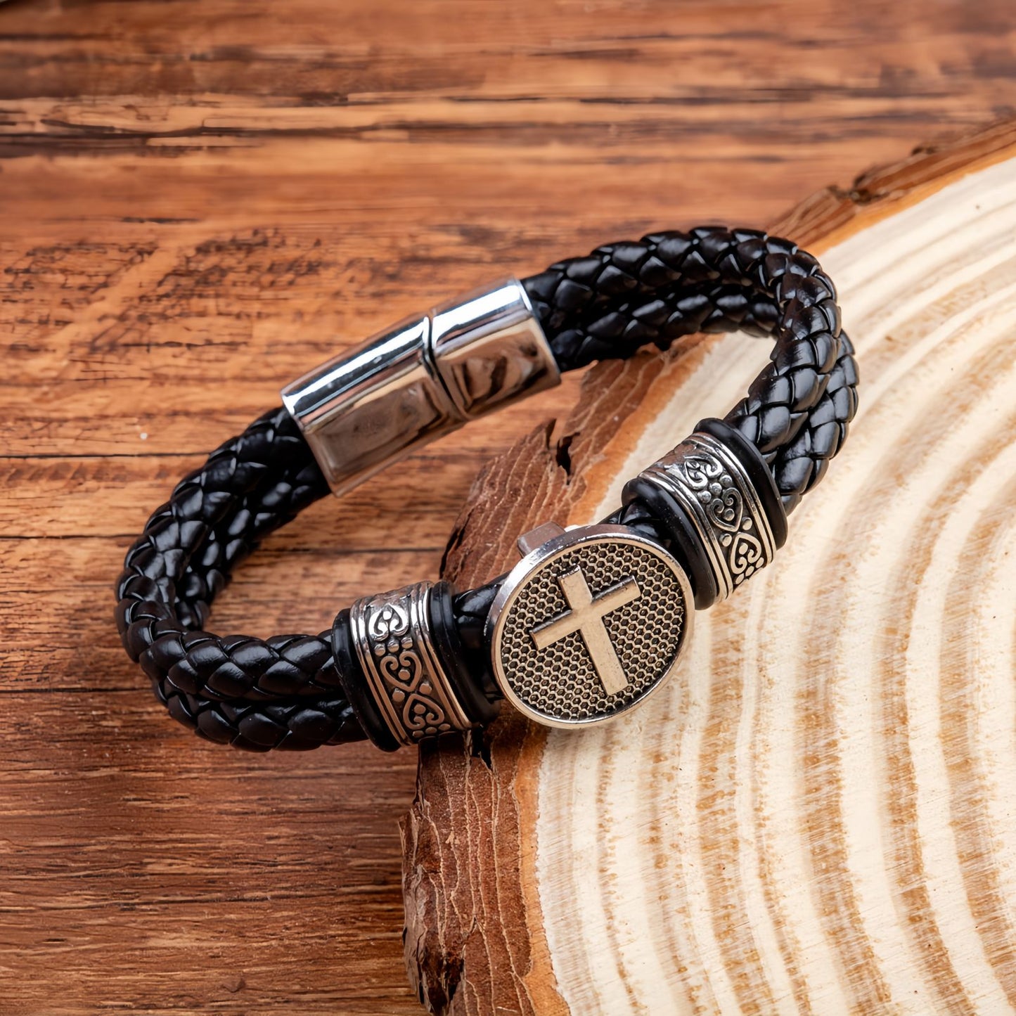 Men's Leather Round Cross Bracelet