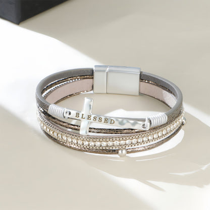 Boho Cross Blessed Layered Leather Bracelet