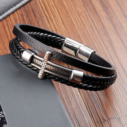 Men's Arrow Engraved Tube Cross Leather Bracelet