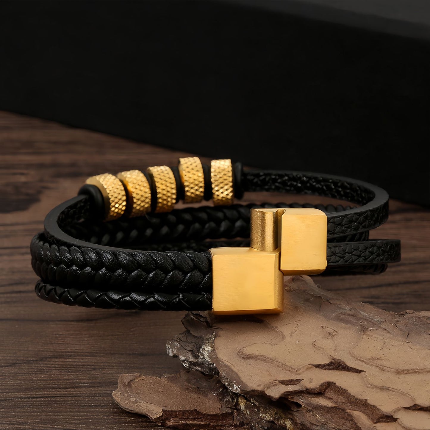 Men’s Geometric Textured Stainless Steel Leather Bracelet