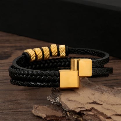 Men’s Geometric Textured Stainless Steel Leather Bracelet