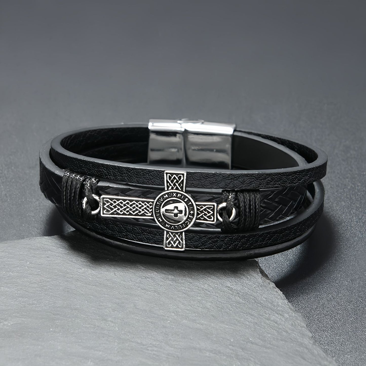 Men's Medallion Cross Braided Leather Bracelet