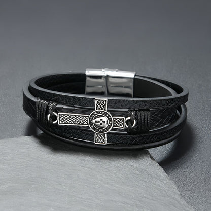 Men's Medallion Cross Braided Leather Bracelet