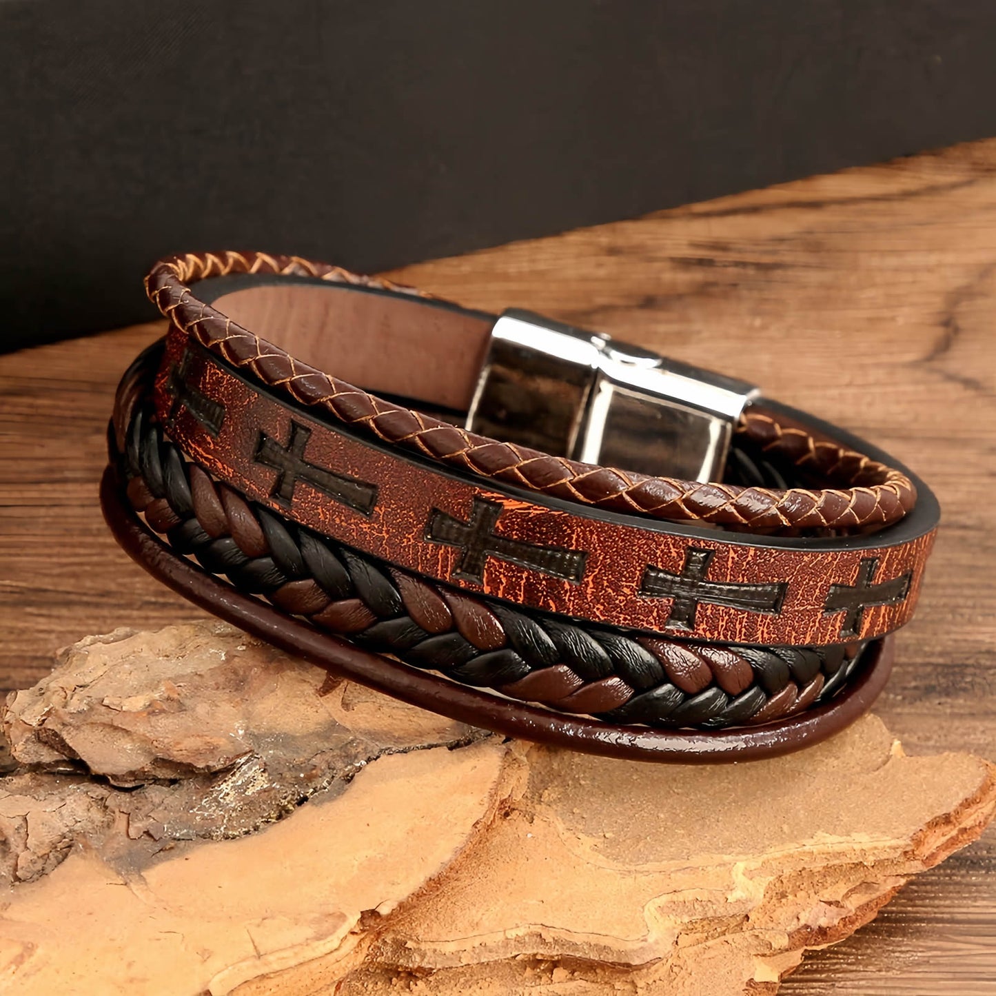 Men’s Cross Leather Bracelet