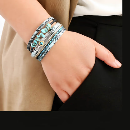 Boho Leather and Turquoise Feather Bracelet
