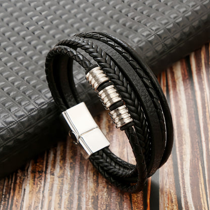 Layered Leather Bracelet with Metal Ring Accents for Men