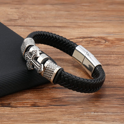 Cross Shield Braided Leather Men's Bracelet