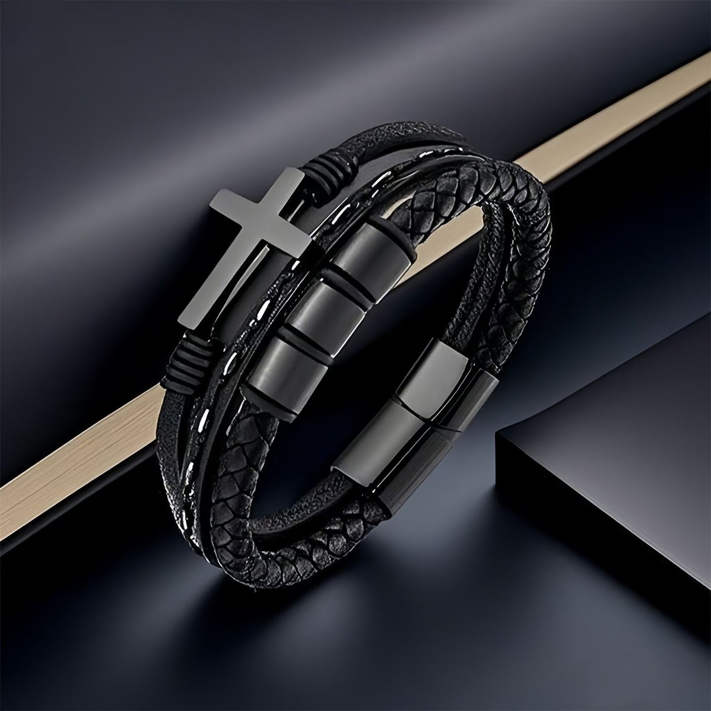 Men's Tube Bead Leather Bracelet with Cross