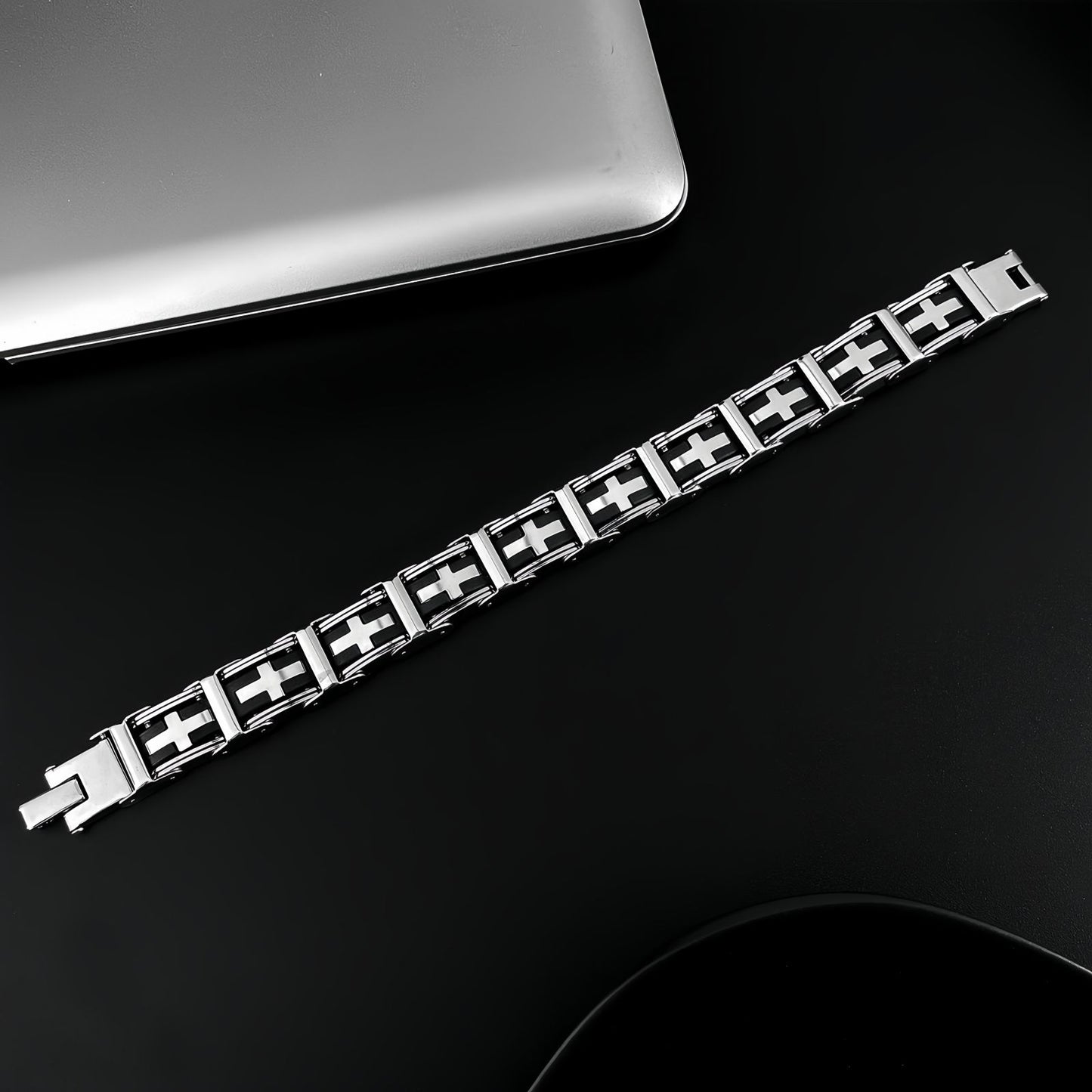 Cross Inlay Stainless Steel Link Bracelet
