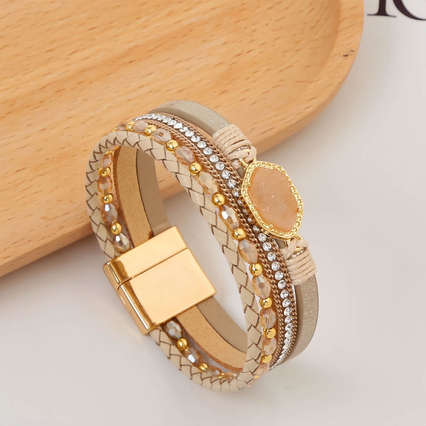 Boho Leather Wrap Bracelet with Crystal Beads & Clasp