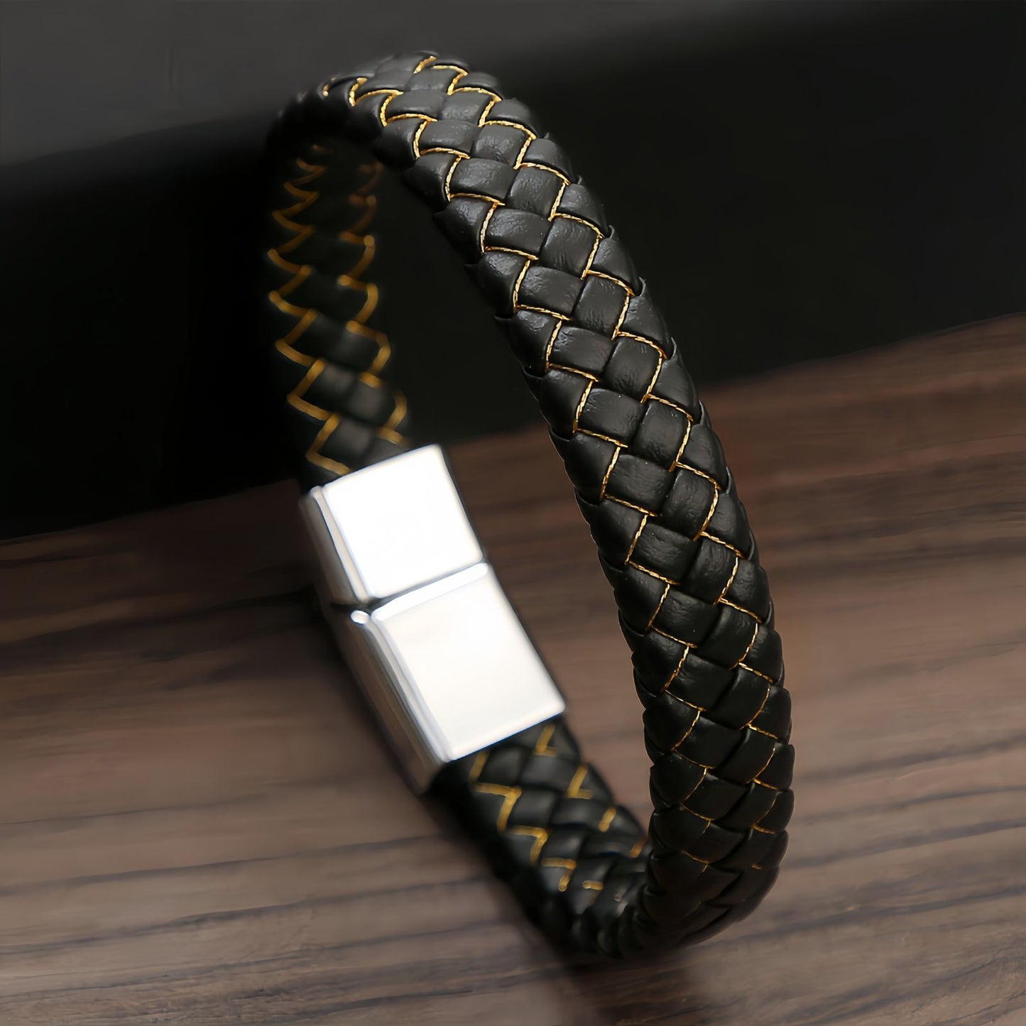 Men’s Wide Braided Leather Bracelet with Textured Metal Accents