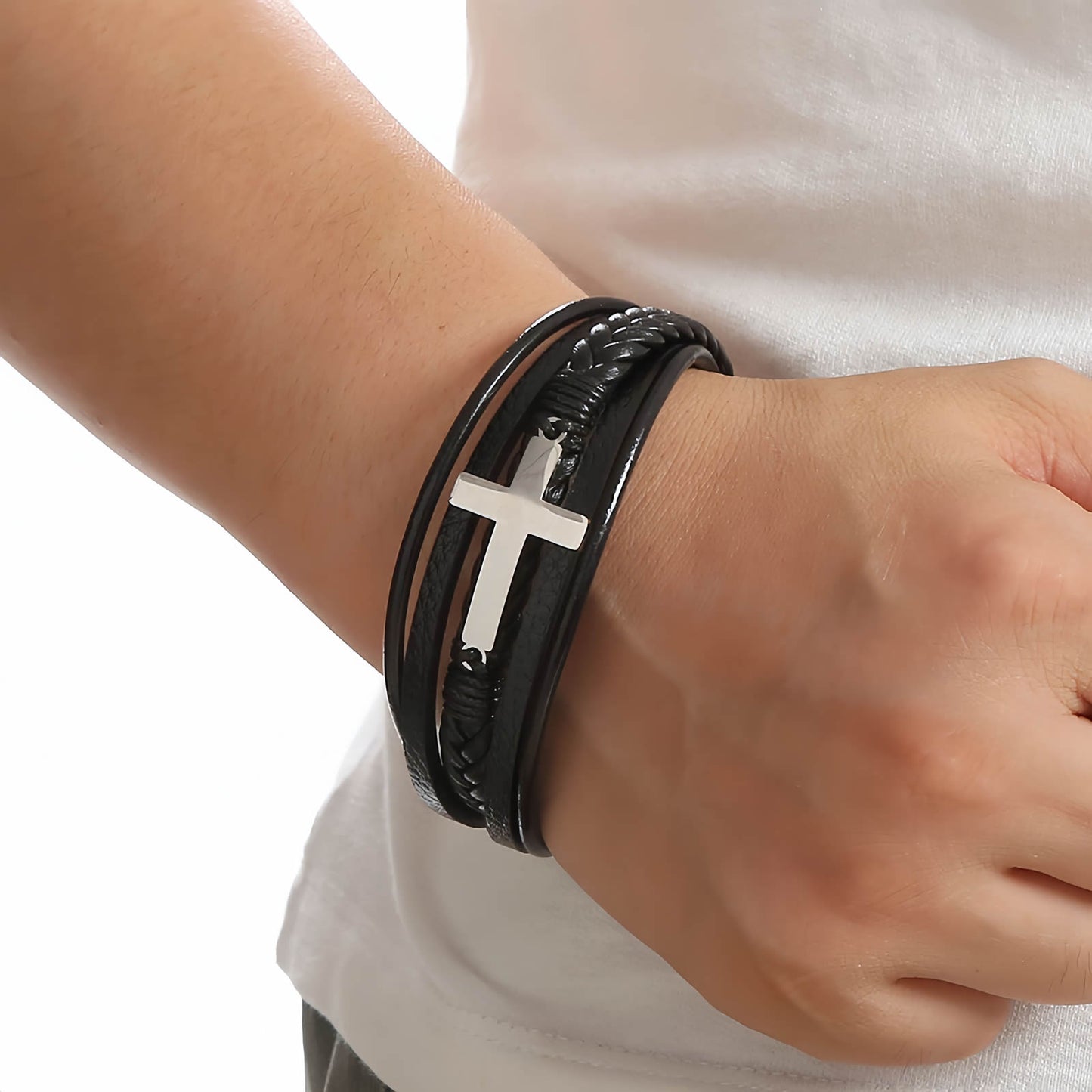 Men's Cross Leather Bracelet with Magnetic Clasp