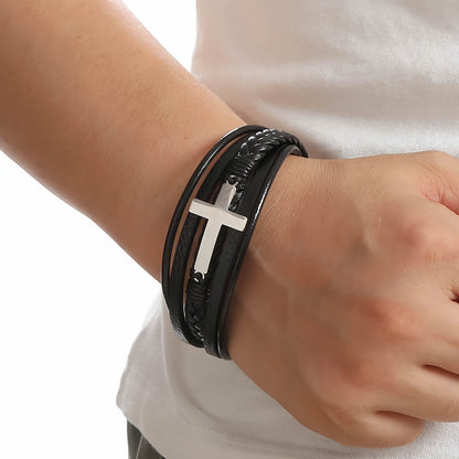 Men's Cross Leather Bracelet with Magnetic Clasp