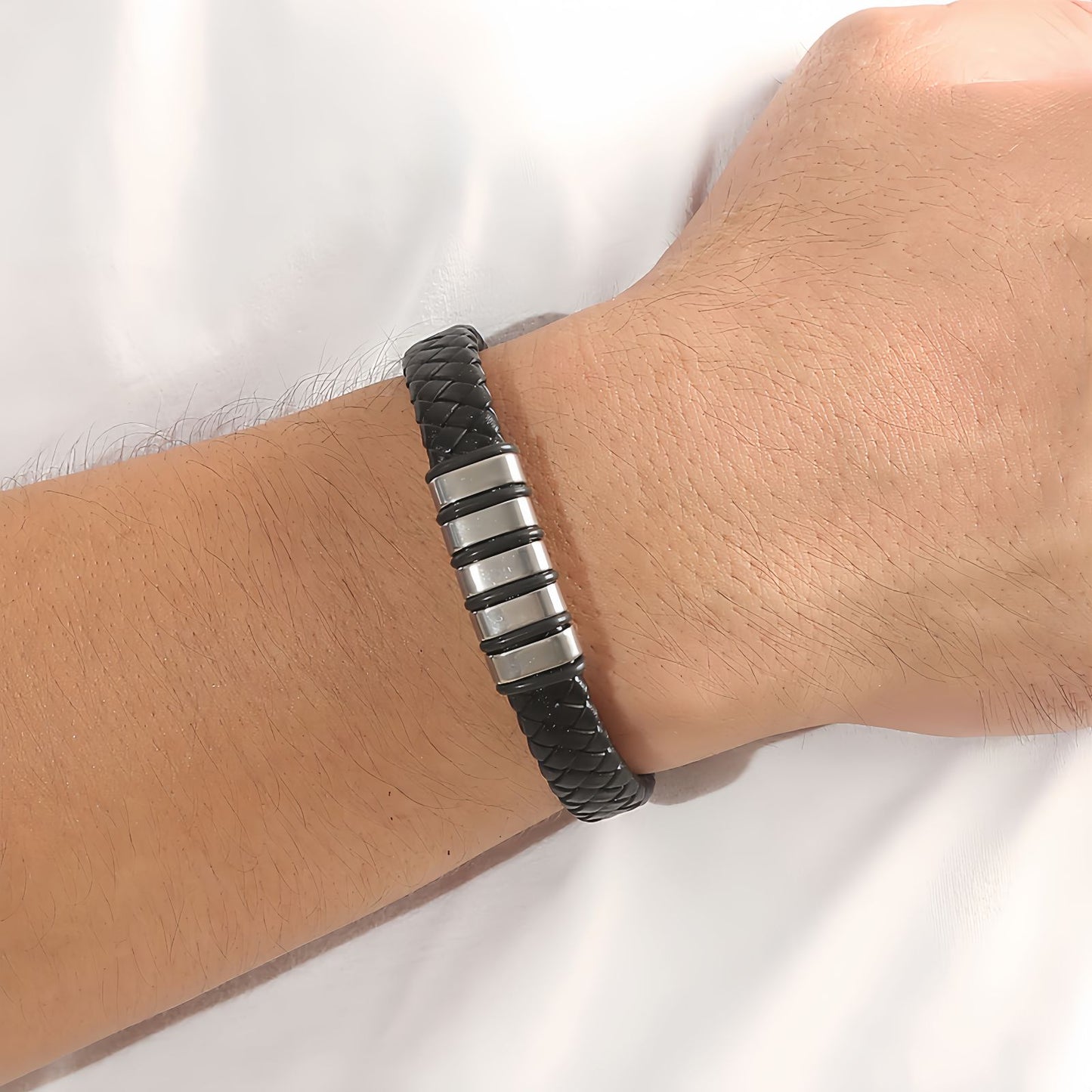 Men’s Braided Leather Bracelet with Layered Steel Bars