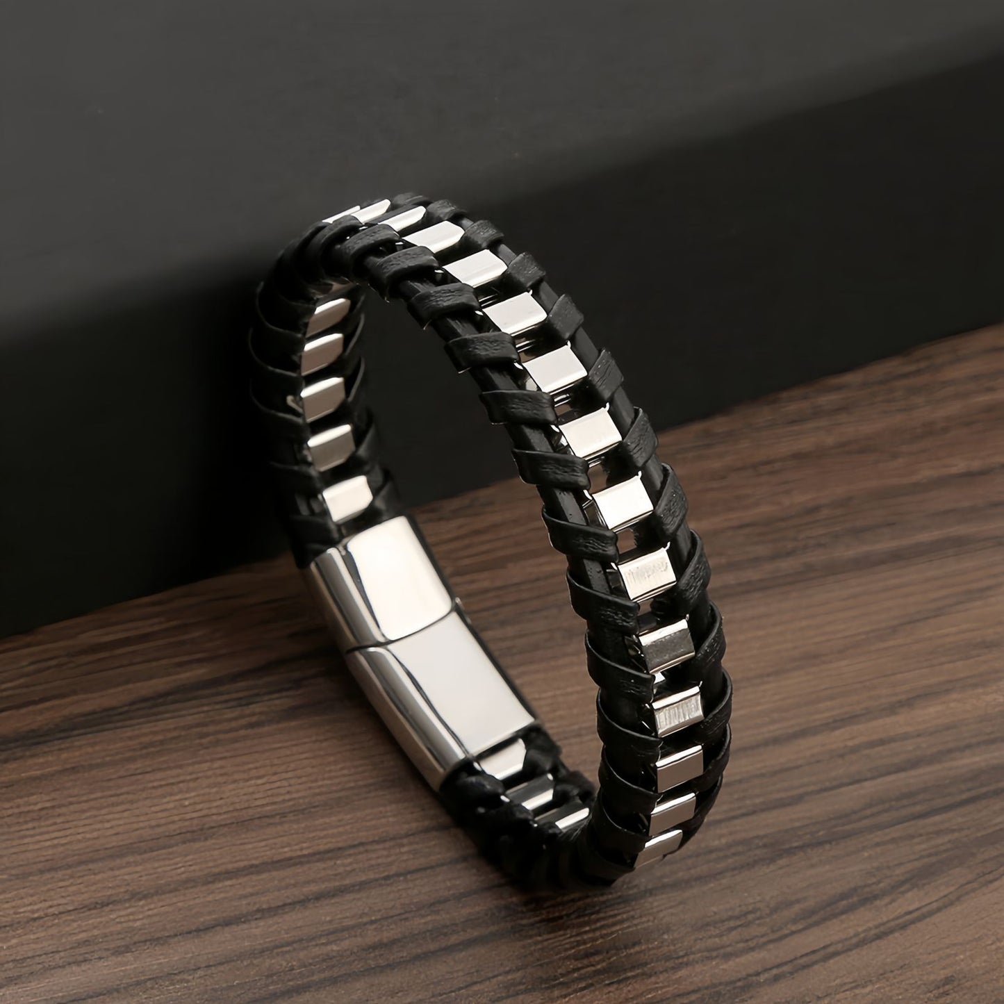 Cubic Metal Link Leather Bracelet
