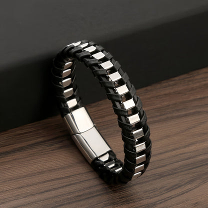 Cubic Metal Link Leather Bracelet