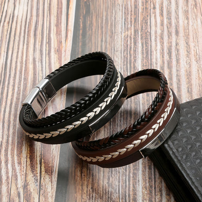 Leaf Stitch Multi-Layer Braided Leather Bracelet