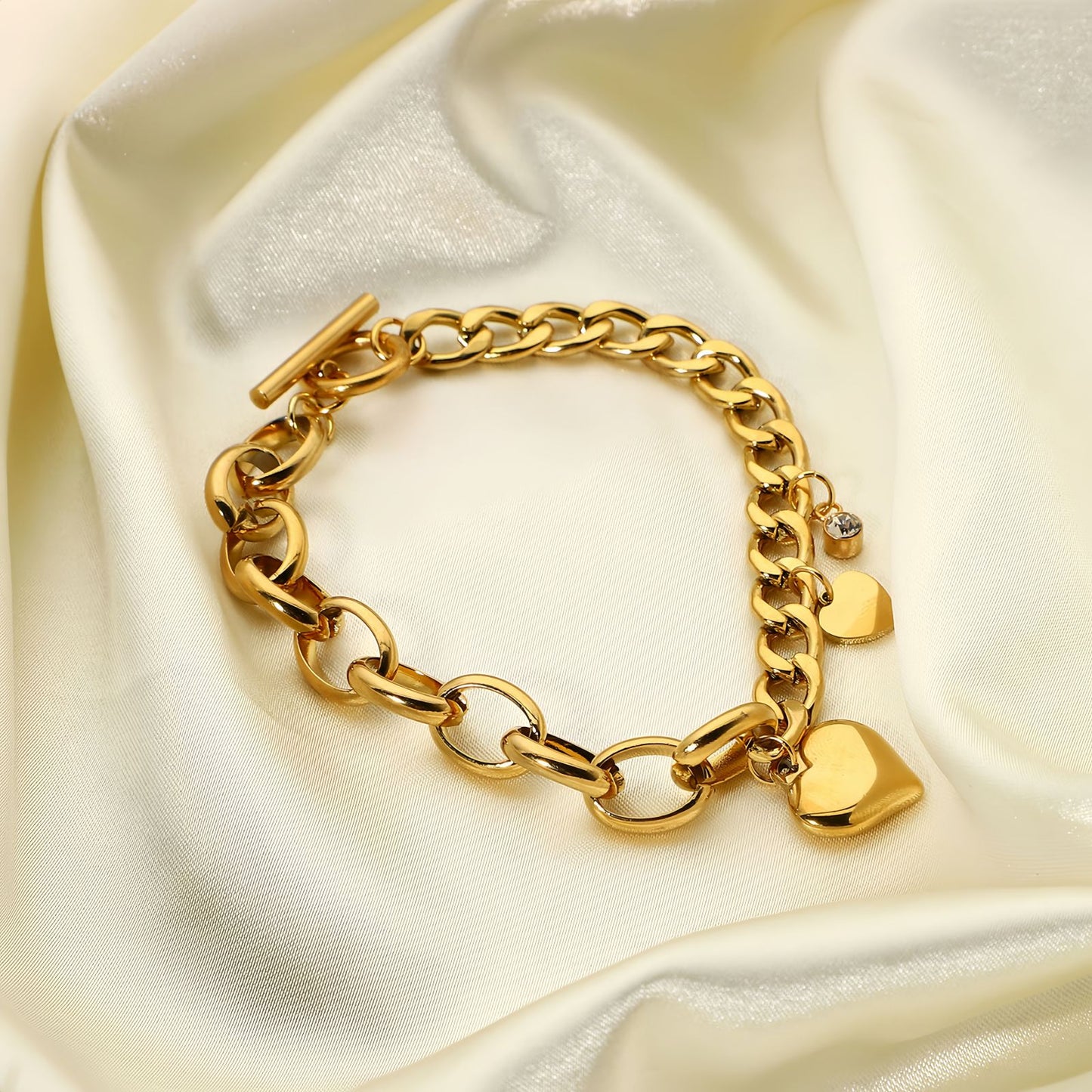 Heart Charm Cuban Oval Link Chain Bracelet