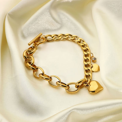 Heart Charm Cuban Oval Link Chain Bracelet