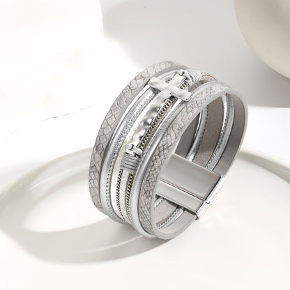 Wide Layered Leather Cross Bracelet