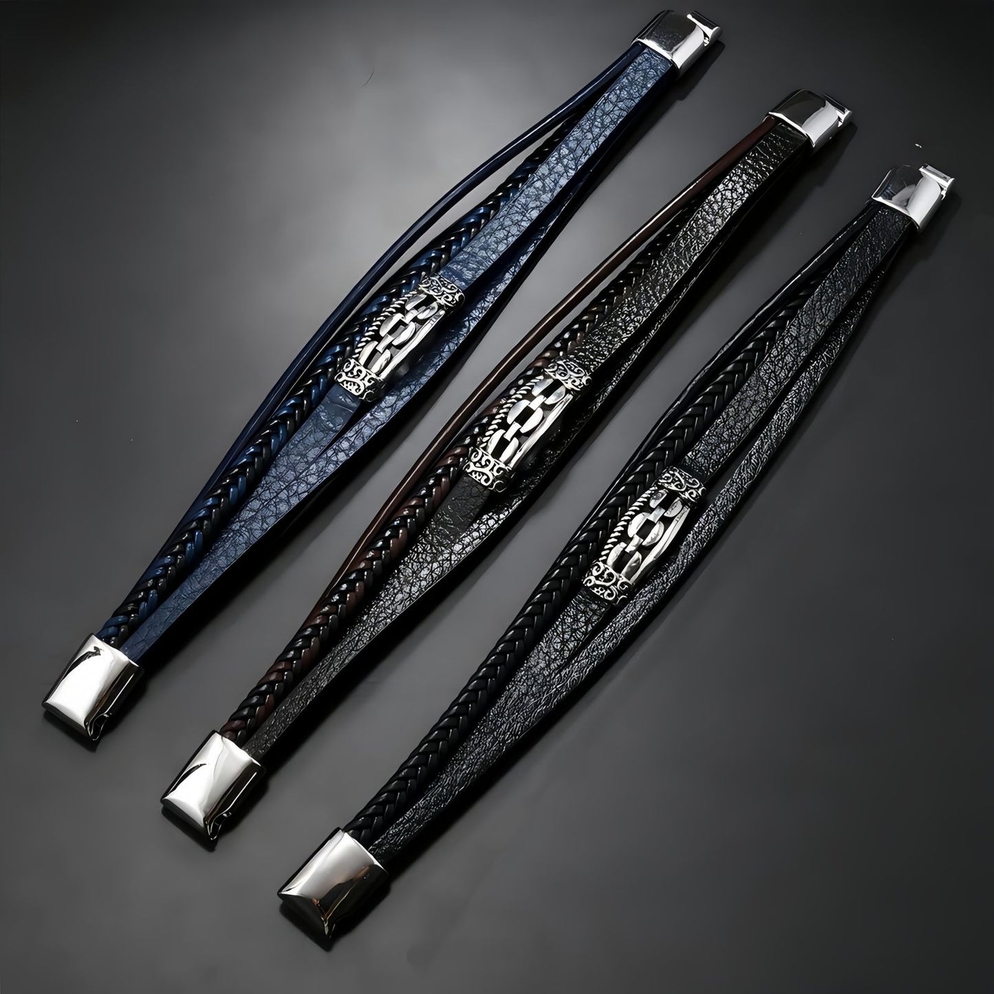 Vintage Engraved Steel Accent Multi-Layer Leather Bracelet