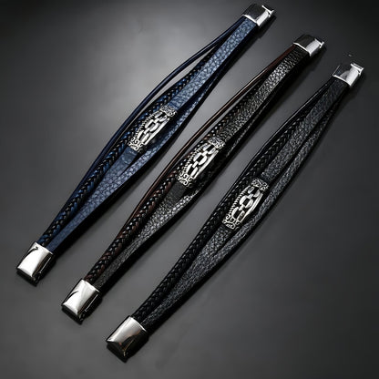 Vintage Engraved Steel Accent Multi-Layer Leather Bracelet