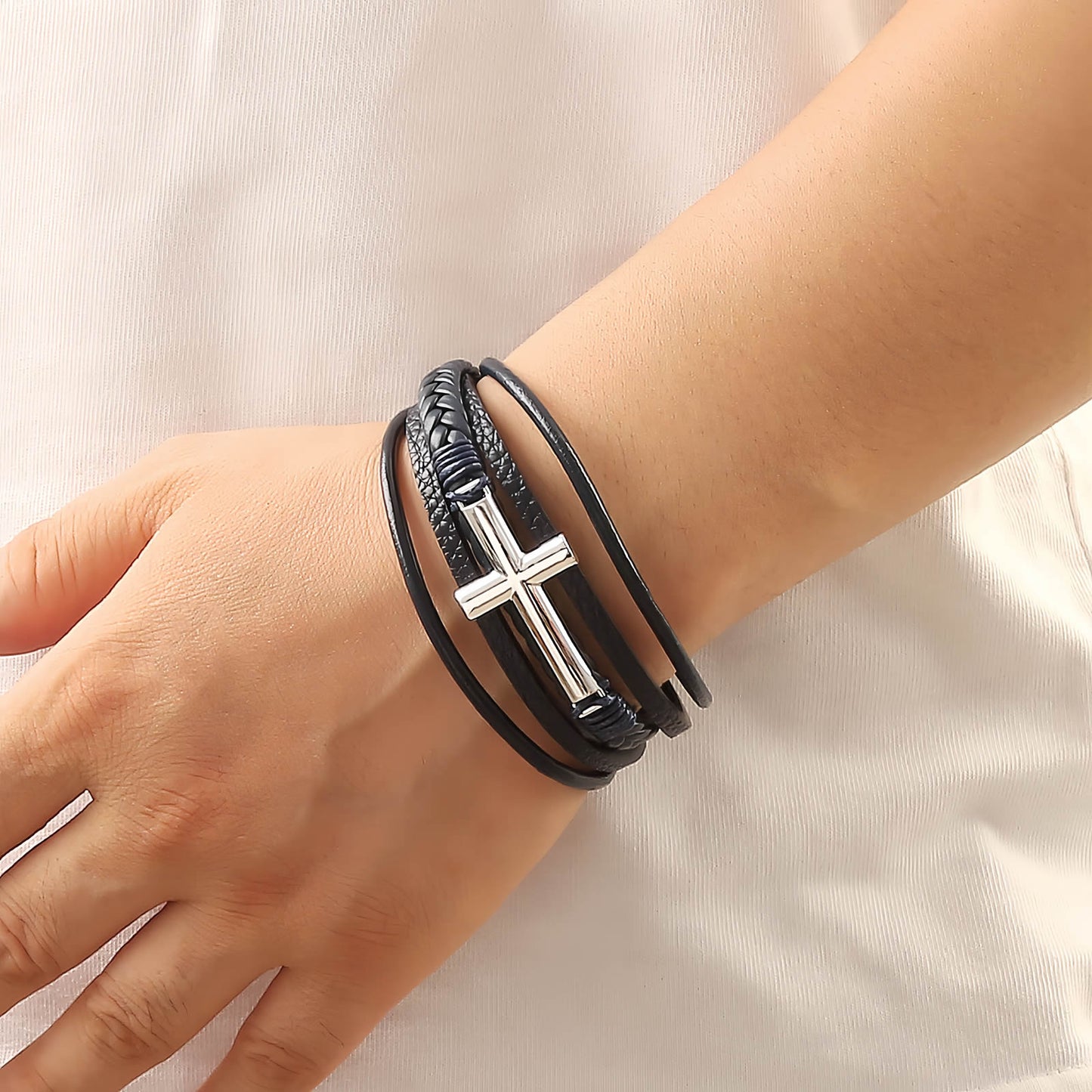 Men’s Braided Leather Bracelet with Cross Charm