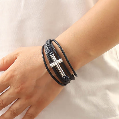 Men’s Braided Leather Bracelet with Cross Charm