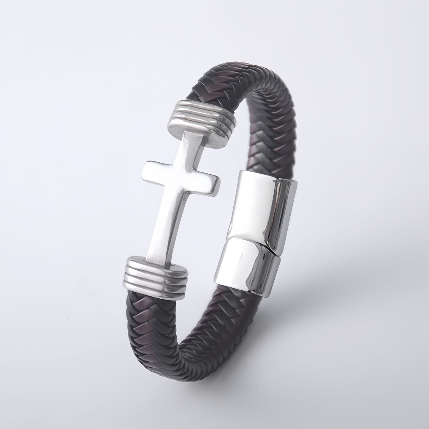 Men's Thick Braided Leather Cross Bracelet