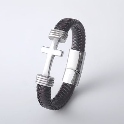 Men's Thick Braided Leather Cross Bracelet