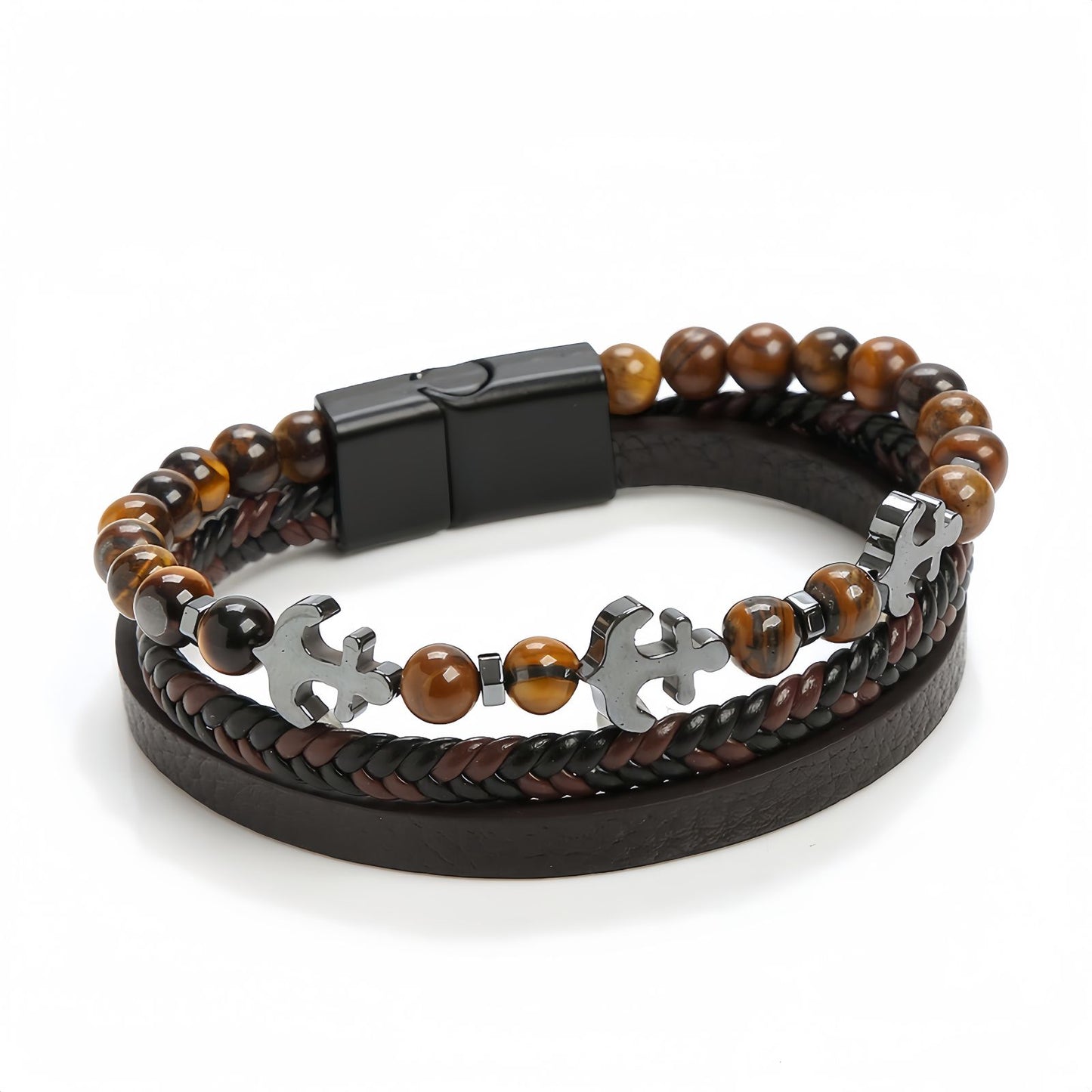 Men’s Tiger Eye Obsidian Beaded Leather Bracelet