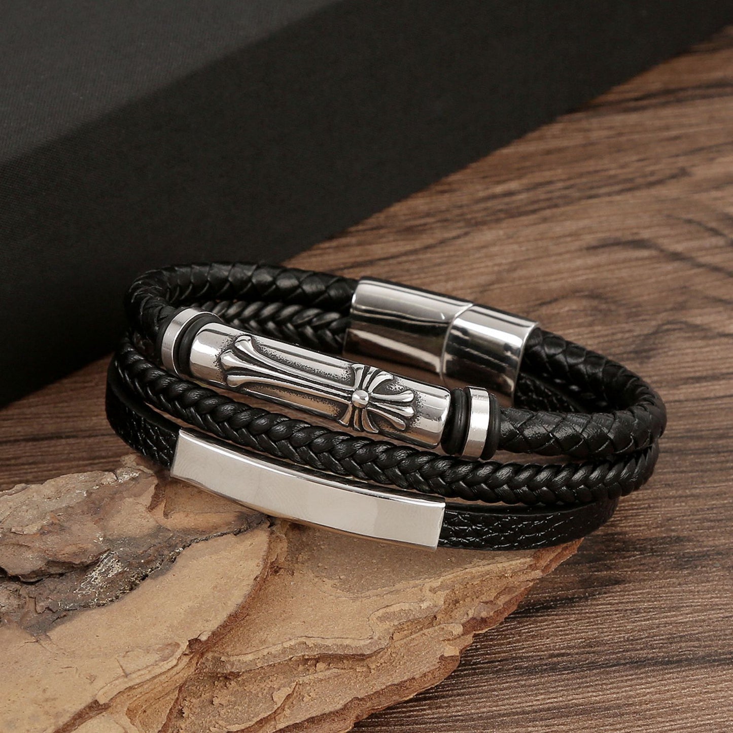 Men's Cylinder Cross Braided Leather Bracelet